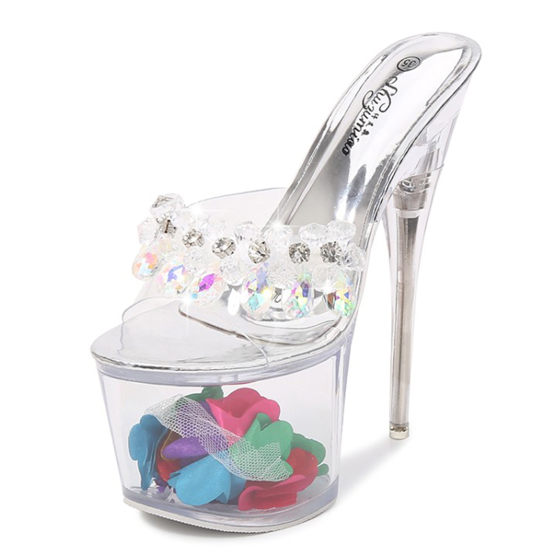 

Women Transparent Flower Slippers Open Toe Thin High Heels sandals Ultra High Heels 20cm 17cm Crystal club show Slippers 34-43, 20cm heel