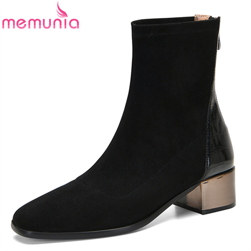 

MEMUNIA 2020 top quality thick heel stretch boots autumn winter zip square toe casual shoes comfortable ladies ankle boots, Black