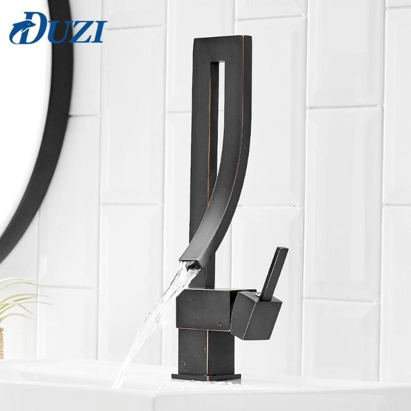 

Bathroom Basin Sink Faucet Cold And Hot Water Brass Square Faucet 360 Degree Rotation Waterfall Mixer Tap For Bathroom Black