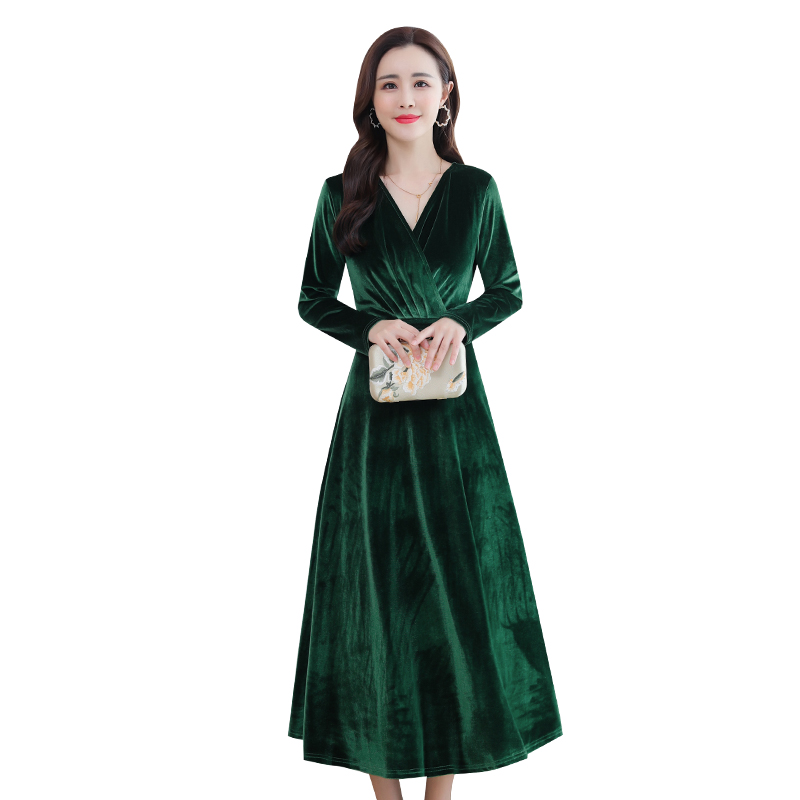 

2020 New Autumn Winter Women Dress High Quality Elegant Sexy V-Neck Slim Velvet Base Dress Runway Long, Green