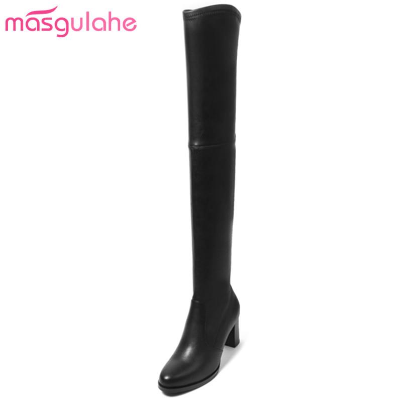 

Masgulahe genuine leather boots look slimmer slip on over the knee boots female office lady autumn winter womens shoes, Black with fur