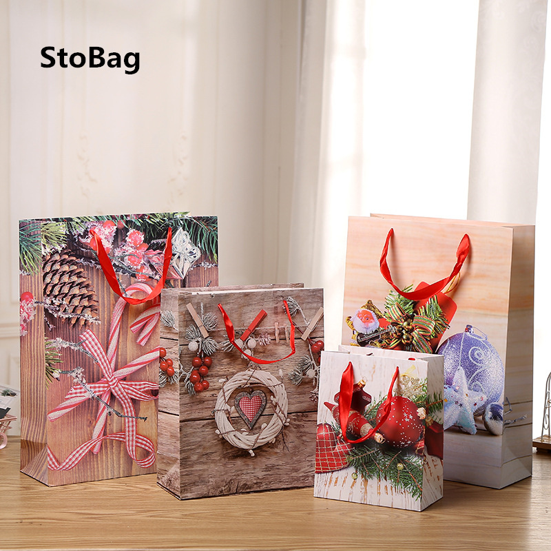 

StoBag 10pcs Thicken Christmas Paper Handle Bags DIY Handmade Candy Chocolate Cookies Package Supplies Baby Show Decorating