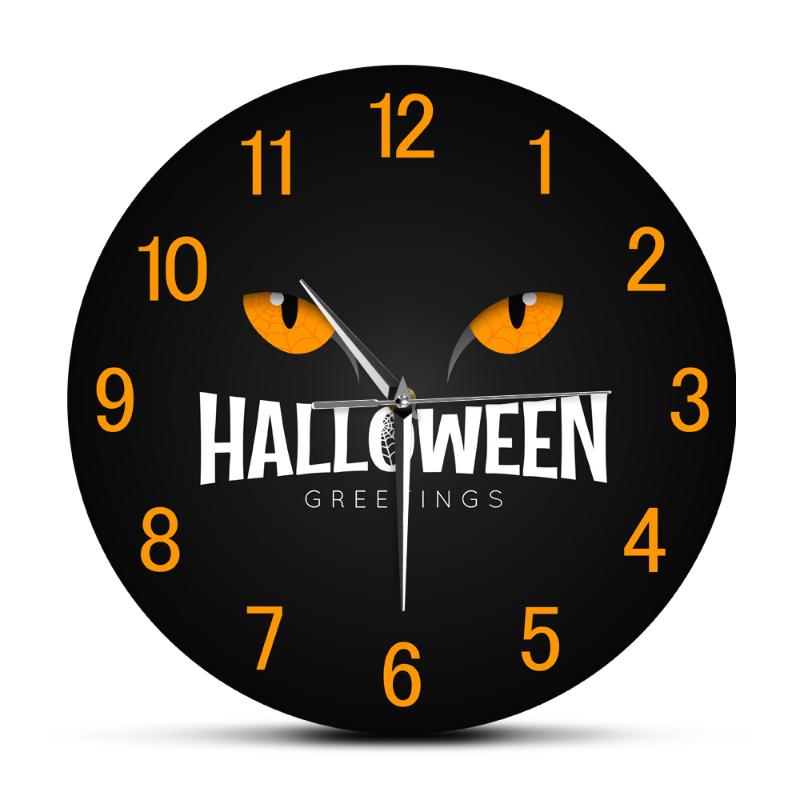 

Happy Halloween Night Holiday Decorative Acrylic Wall Clock Gift for Kids Cat Eyeball in Dark Mute Quartz Printed Clocks Watch