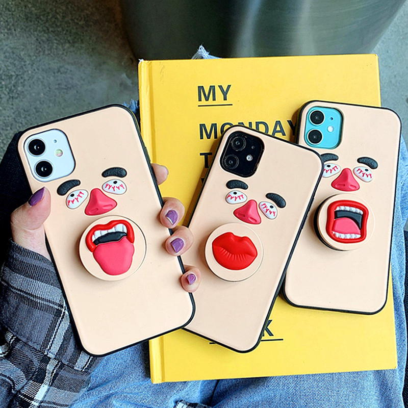 Cute Expression Smiley Face Phone Case For iPhone 11Pro Max 11 6 7 8 Plus X XR XS Max Abstract Cartoon Ring Stand Holder Soft Cover-image-570053311