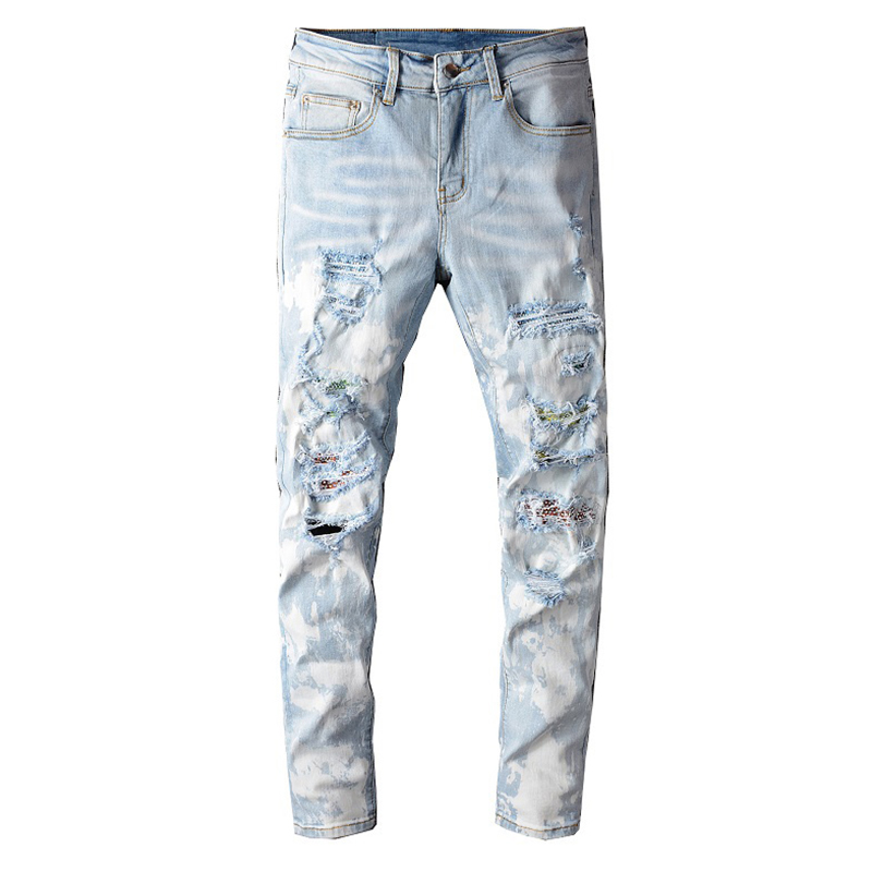 

MORUANCLE Men's crystal light blue snow washed stretch jeans Streetwear slim skinny rhinestone ripped denim pants Trousers, Sky blue