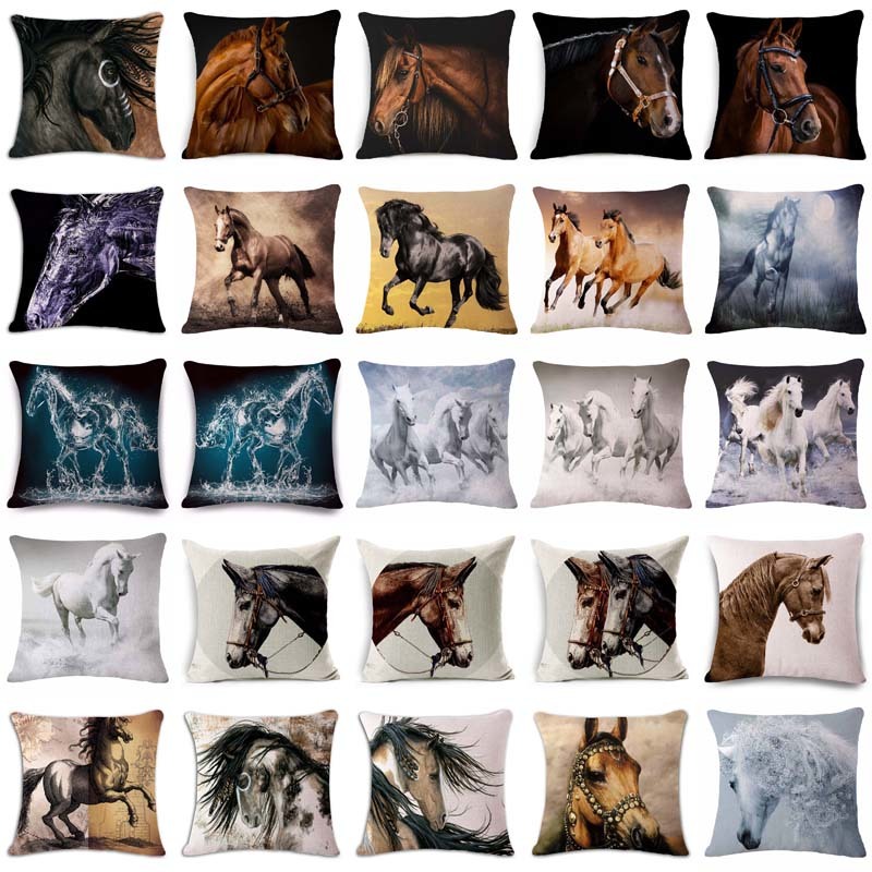 

18'' Square Horse Printed Cushion Cover Vintage Cotton Linen Square Pillow Cover Knitted Cushion Covers Customized Drop Shipping, 17