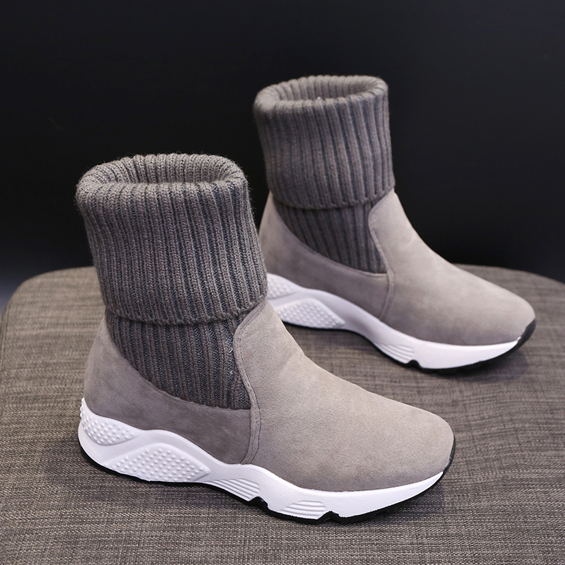

2020 Fashion Socks Sneakers Stretch Ankle Boots Woman Soft Turned-over Snow Shoes Women Fur Plush Platform Thick Botas, Black