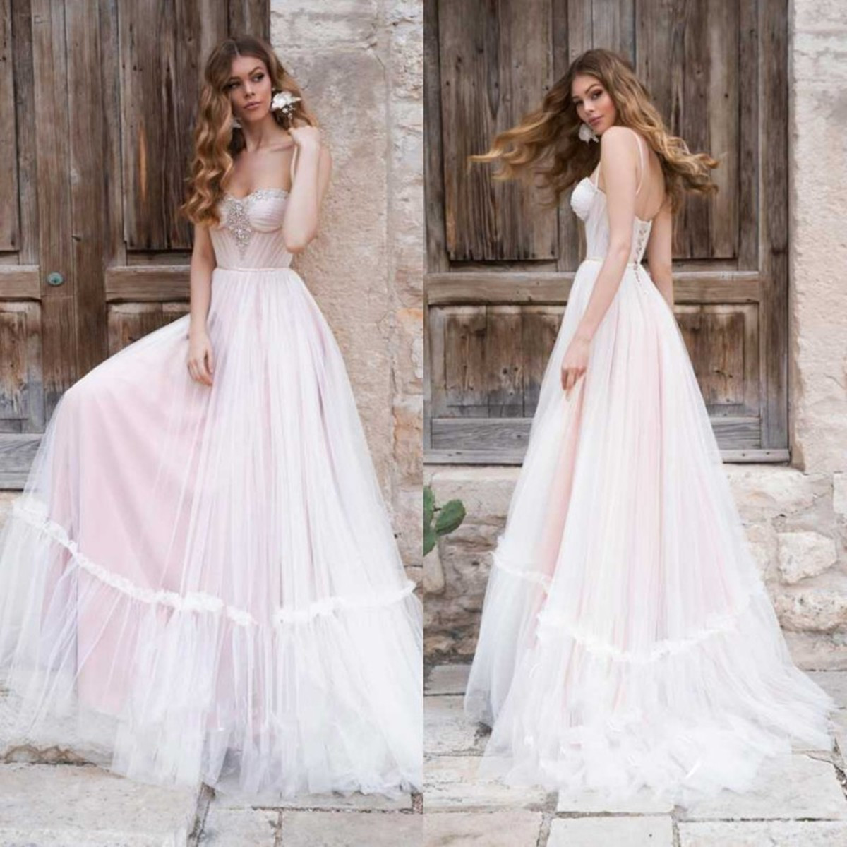 

Naviblue 2021 Wedding Dresses Spaghetti Straps Lace Sequins Bridal Gowns Custom Made Sexy Backless Sweep Train A-Line Wedding Dress, White