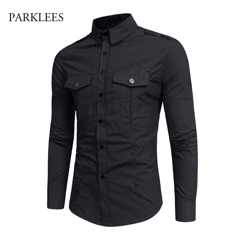 

Cotton Shirt Men Tactical Epaulet Safari Style Mens Dress Shirts Solid Black Button Down Camisa Teen Business Social Men clothes