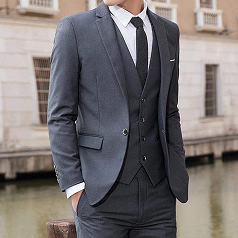 

2020 Men Solid Color Lapel Collar Coat Vest Long Pants Business Wedding Slim Suit Set Blazer+Pants +vest Suit Men 3 Pcs fitness, Black