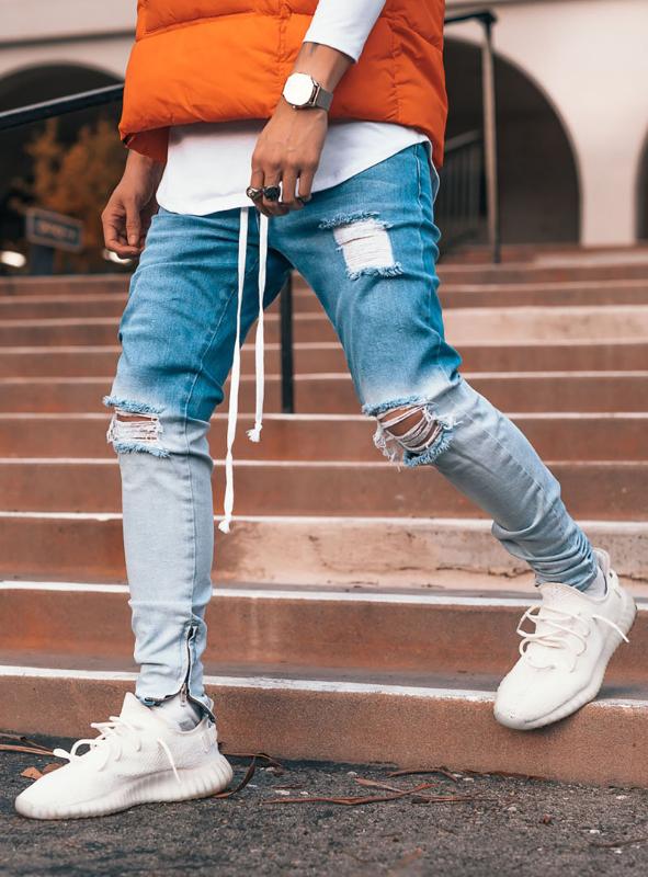 

Men Gradient Color Ripped Jeans Casual Sport Joggers Jeans Mens Slim Motor Biker Hip Hop Zipper Denim Pants Trousers, Black
