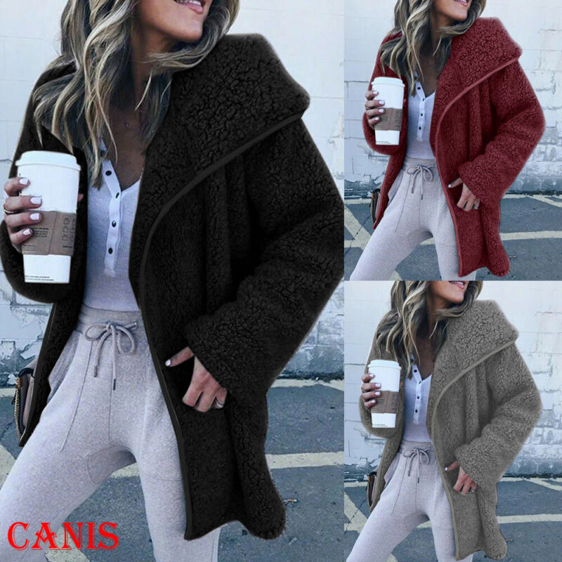 

2020 Winter New Arrival Women Fleece Parka Jacket Coat Ladies Tops Overcoat Outwear Thick Warm Teddy Bear Pocket Cardigan Coat, Black