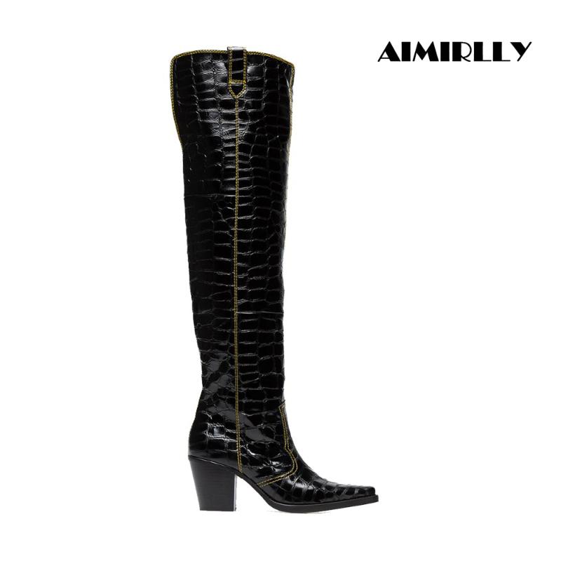

Womens Shoes Square Toe Over the Knee Boots Block Heel Crocodile Pattern Black Patent Leather Ladies Winter Long Boots Aimirlly