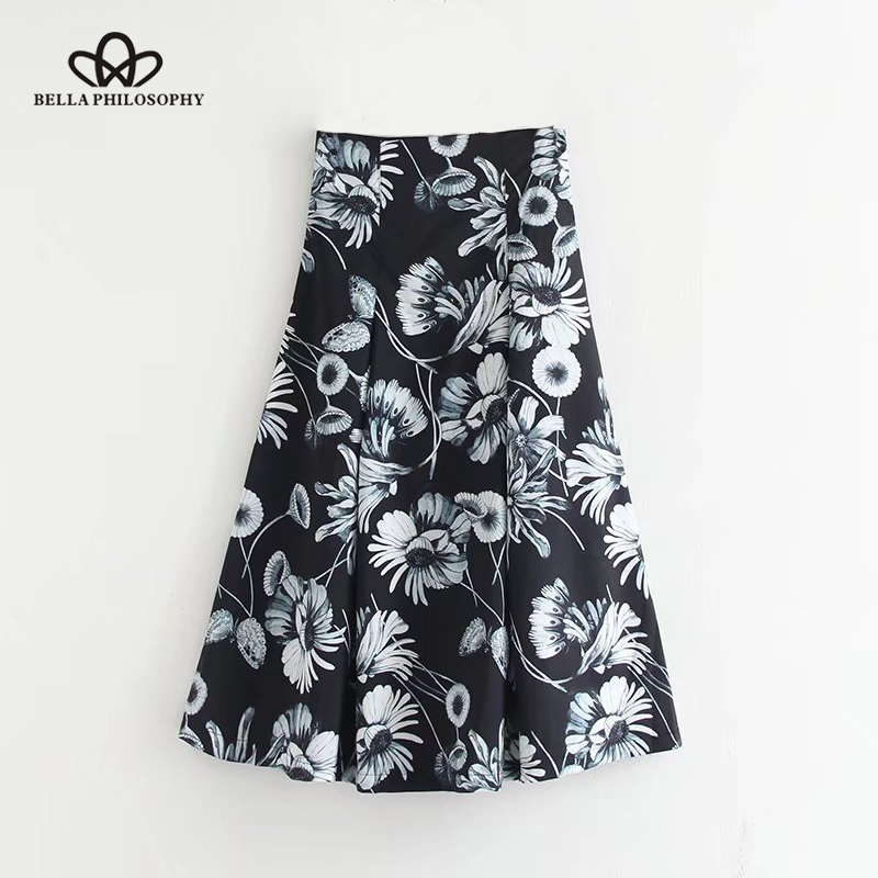 

Herstory 2020 spring women casual print skirt high waist female fashion skirt mid calf women A Line zipper, Black