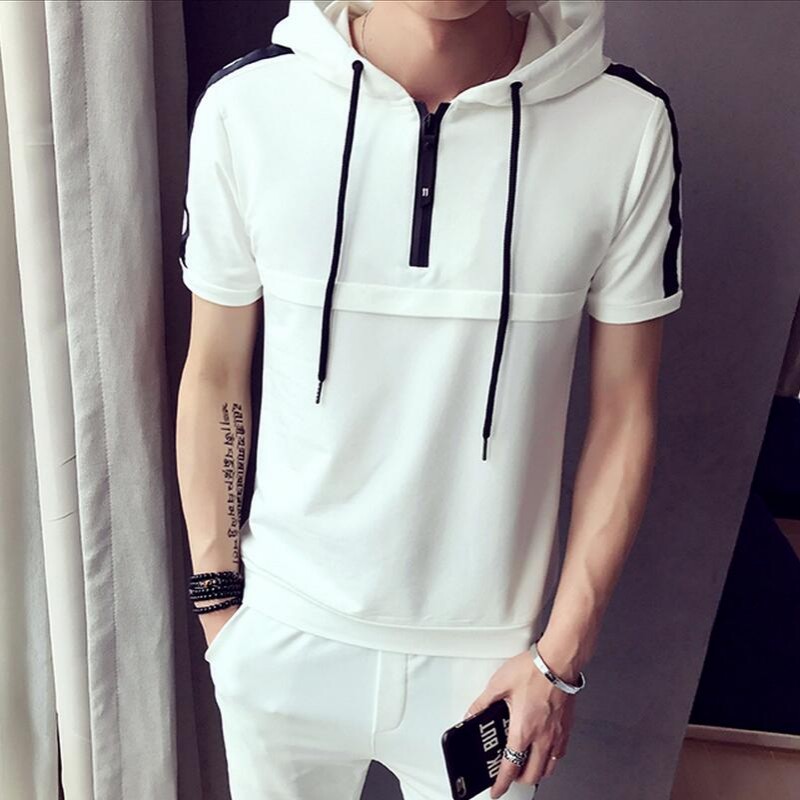 

Summer Fashion Short Sleeve Suits Pullover Hooded Casual Plain Solid Slim Fit Skins Compression Trouser For Men Suit Sets