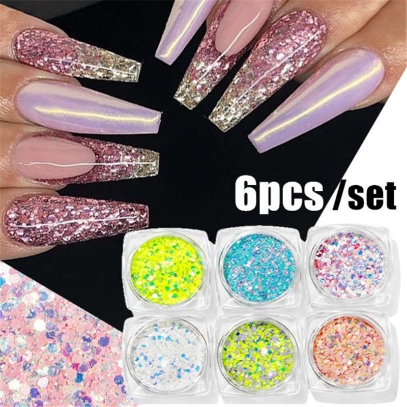 

6Boxes/Set Laser Mixed Nail Glitter Powder Sequins Shinning Colorful Nail Flakes 3d DIY Charm Dust for Art Decorations Tool