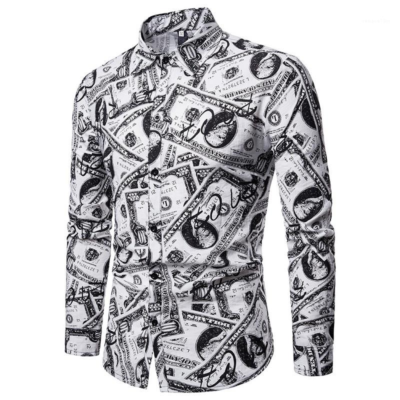 

Mens Designer Shirts Fashion Long Sleeve Lapel Neck Mens Shirts Casual Males Clothing All Dollars Print, As picture