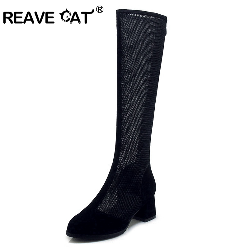 

REAVE CAT Women's Square Heels knee boots Genuine leather Summer Shoes hollow out Woman Breathable mesh Knee Boots black A1690