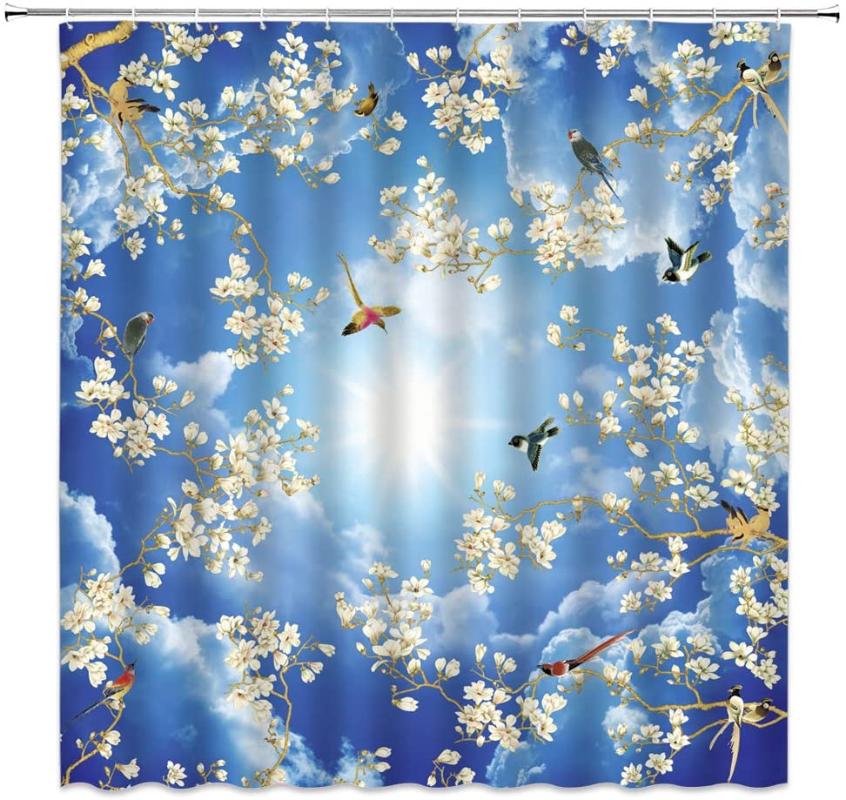 

Plant Shower Curtain Blue Sky White Flowers Bird Decor Shower Curtain Set Bathroom Decor Waterproof