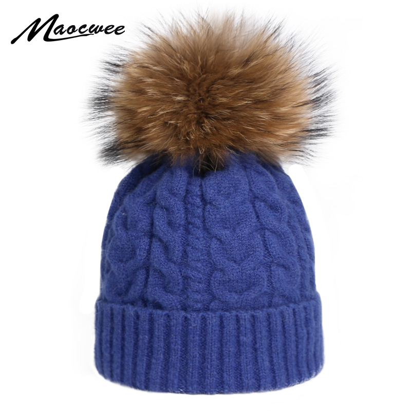 

Women Warm Knitted Beanies Cap Hat Real Fur Pom Pom Ball Thick Women's Solid Color Skullies Hats Outdoor Female Casual Ski Caps