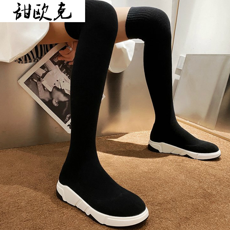 

2020 Round Toe Over The Knee Women Boots Autumn Winter Wedge Heel Fashion Casual Women Shoes Flock Stretch Boot Size 35-40, Gray short