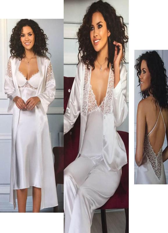 

Pierre Cardin 5960 Silk Satin Ruched Comfortable Sleep At Home Cool 6 Piece Nightgown Dressing Gown AND Pajamas Set Sizes  and M, Beige