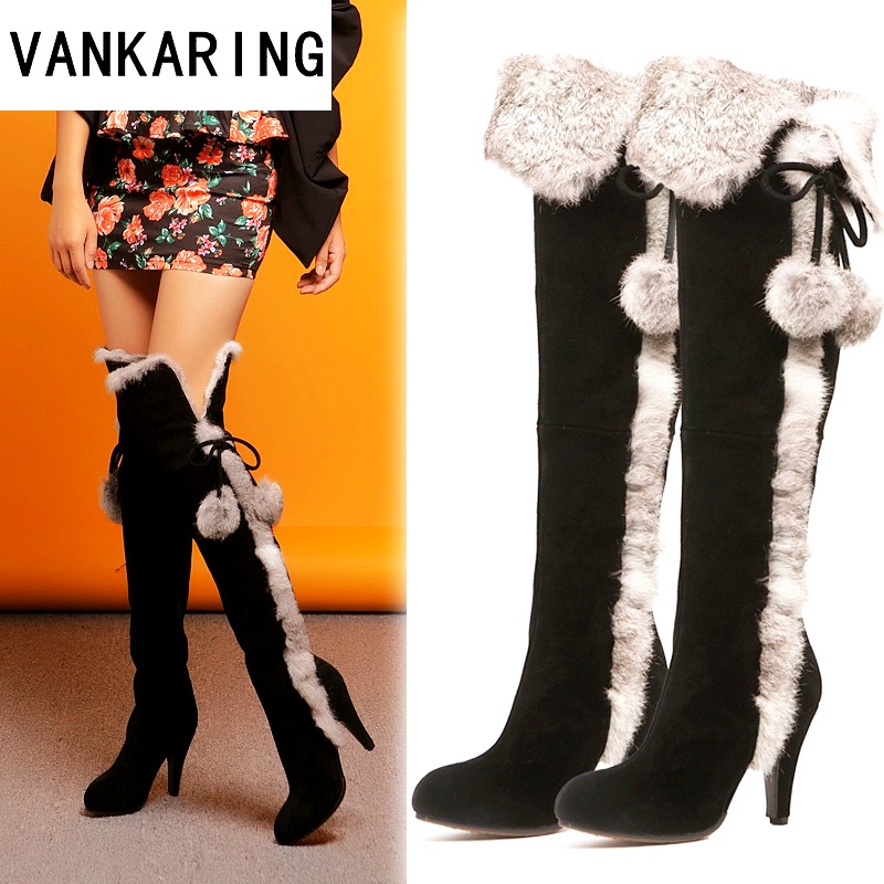 

VANKARING women winter snow boots thin high heels warm suede leather fur long plush black shoes woman over the knee high boots