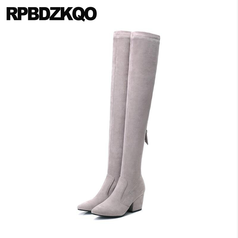 

suede pointed toe high heel gray fashion big size fur thigh boots for plus women over the knee winter 10 chunky slim long shoes, Black