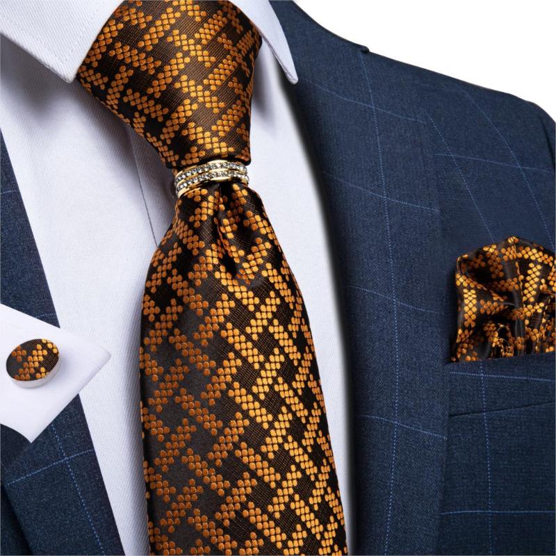 

DiBanGu Mens Silk Wedding Tie Brown Gold Novelty Designer Fashion Necktie For Men Necktie Ring Hanky Cufflink Set Business Party