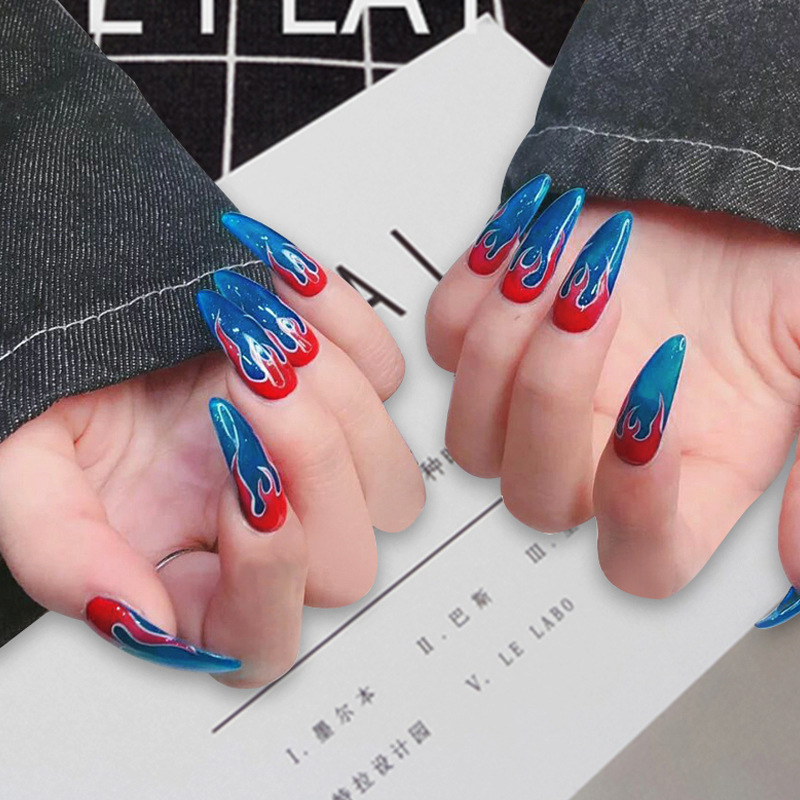 

24pcs/box with 2 glue full cover stiletto nail tips press on Mid-length size flame design transparent nail with pattern, As