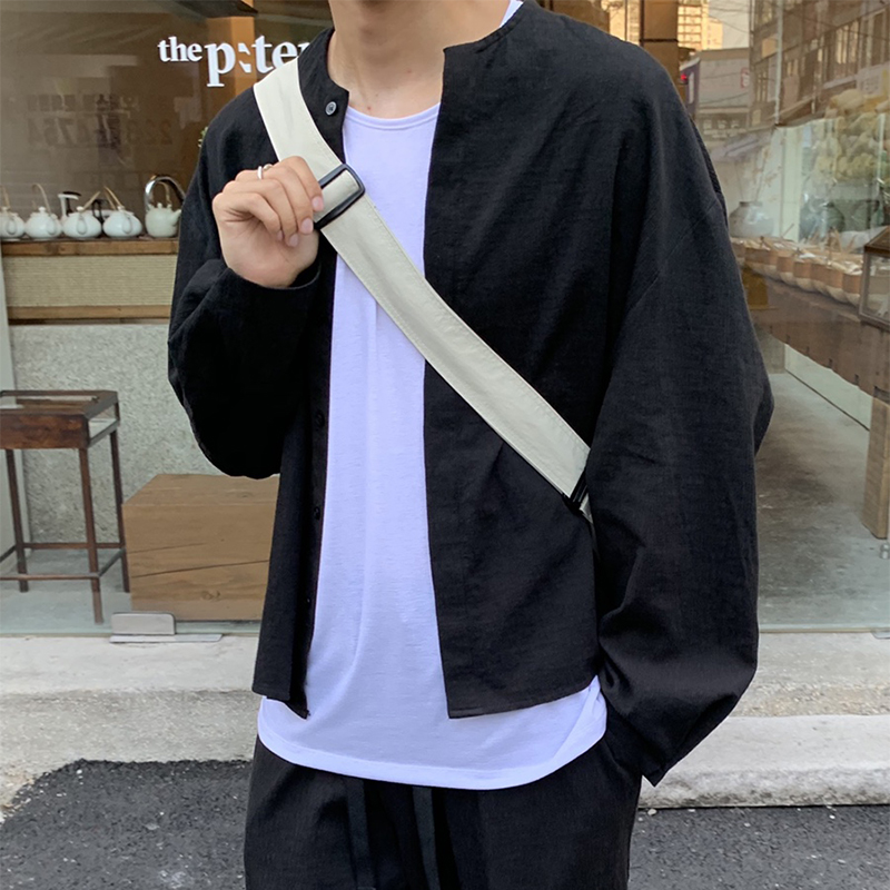 

Men Japan Harajuku Streetwear Casual Loose Shirt Male Vintage Fashion Solid Color Shirt Thin Coat Outerwear, Tz52k black pant