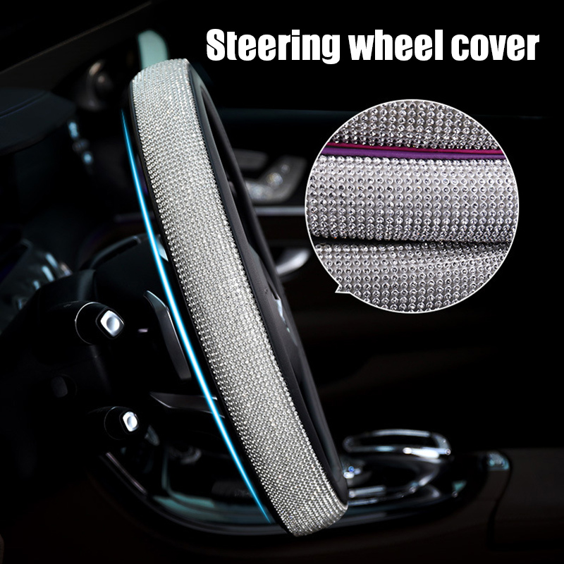 

New Car Steering Wheel Sparkled Cover Rhinestones PU Leather Skidproof for Driving