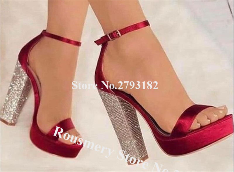 

Bling Bling One Strap High Platform Rhinestone Chunky Heel Sandasl Red Black Gold Crystal Thick High Heel Sandals Dress Heels, As picture