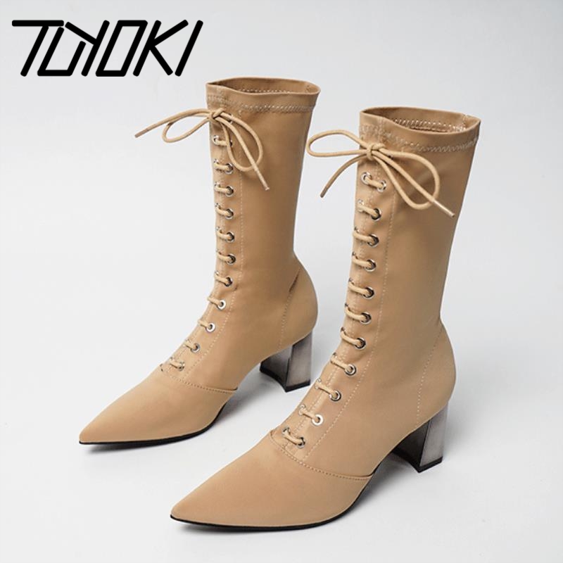 

Tuyoki Woman Mid Calf Boots Thick Heel Lace Up Woman Winter Shoes Fashion Classic Short Boots Party Footwear Size 34-40, Black
