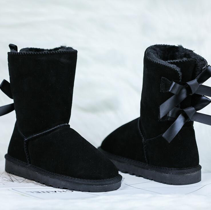 

Top Fashion 2020 Women's bows Snow Boots 100% Genuine Cow Leather High Boots Warm Winter Snow Boots Women's Shoes US3-13, Sand color
