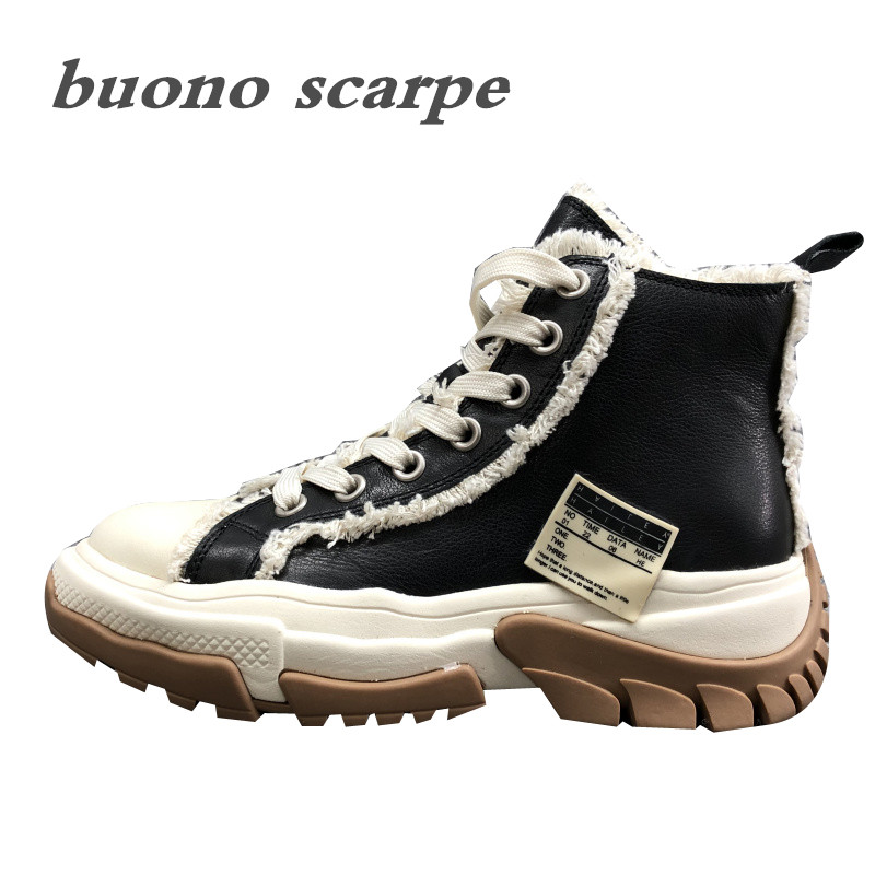 

2020 autumn new leather plush and velvet tie casual platform boots, Black