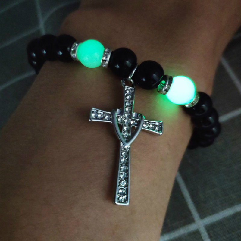 

Luminous Cross Wishing Bracelet Fluorescence Volcanic Stone Bead Glow In The Dark Bracelet Men Women Handmade Delicacy Jewelry
