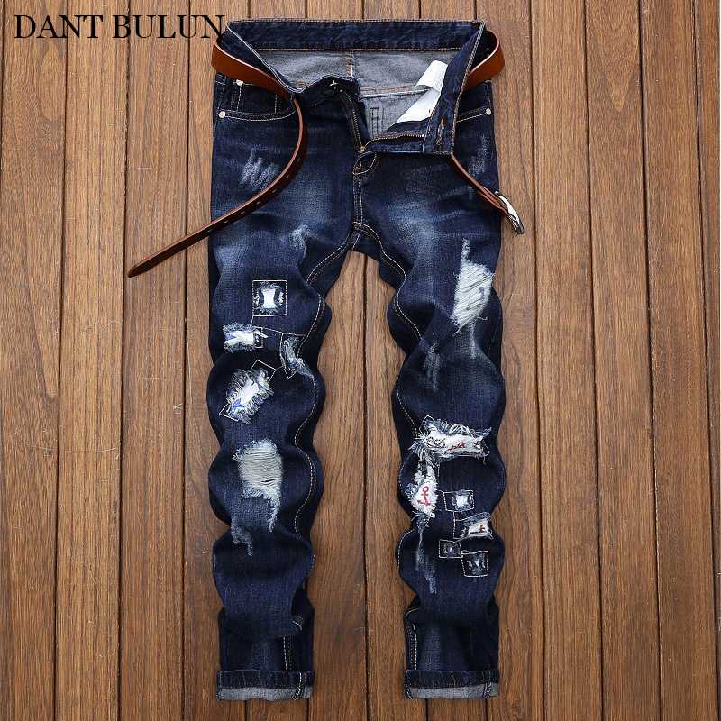 

Men's jeans Straight Pants Streetwear Denim Slim Fit Jeans Distressed Ripped Trouser With Patches Desinger Hip Hop Hombre, Blue
