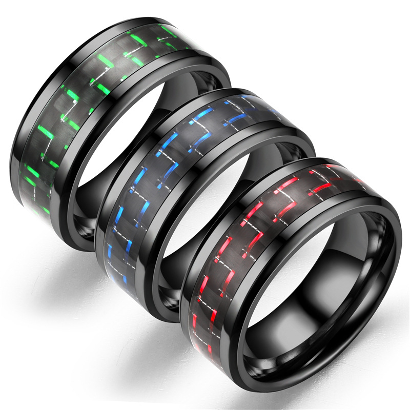 

New Titanium Steel Black Carbon Fiber Rings Fashion Red Blue Ring Mens Cool Jewelry