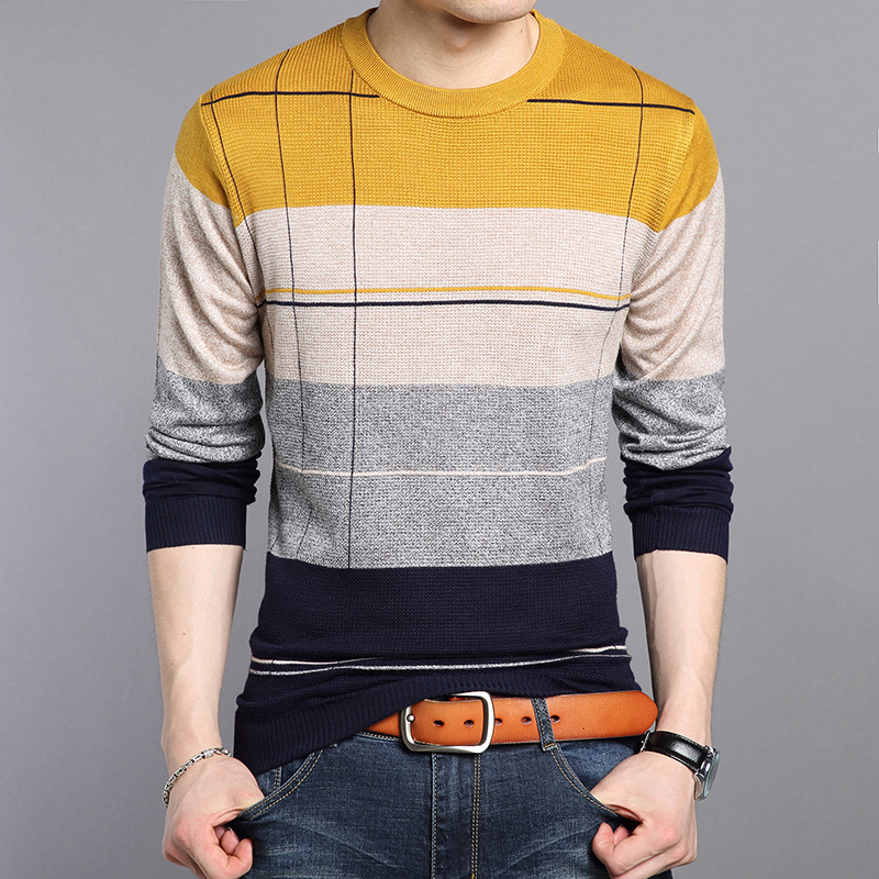 

2020 New Autumn Male Patchwork Color Sweater O-Neck Striped Slim Fit Knitting Mens Sweaters And Pullovers Jumper, Blue