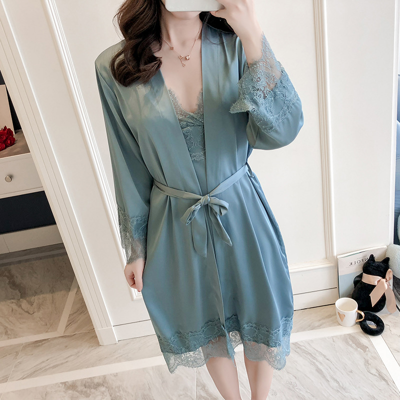 

Silk Kimono Robe Autumn Women's Pajamas Silk Sexy Lace Female Dressing Gown Bathrobe Nightgown V-neck Bath Robe Sleep Lounge, Black