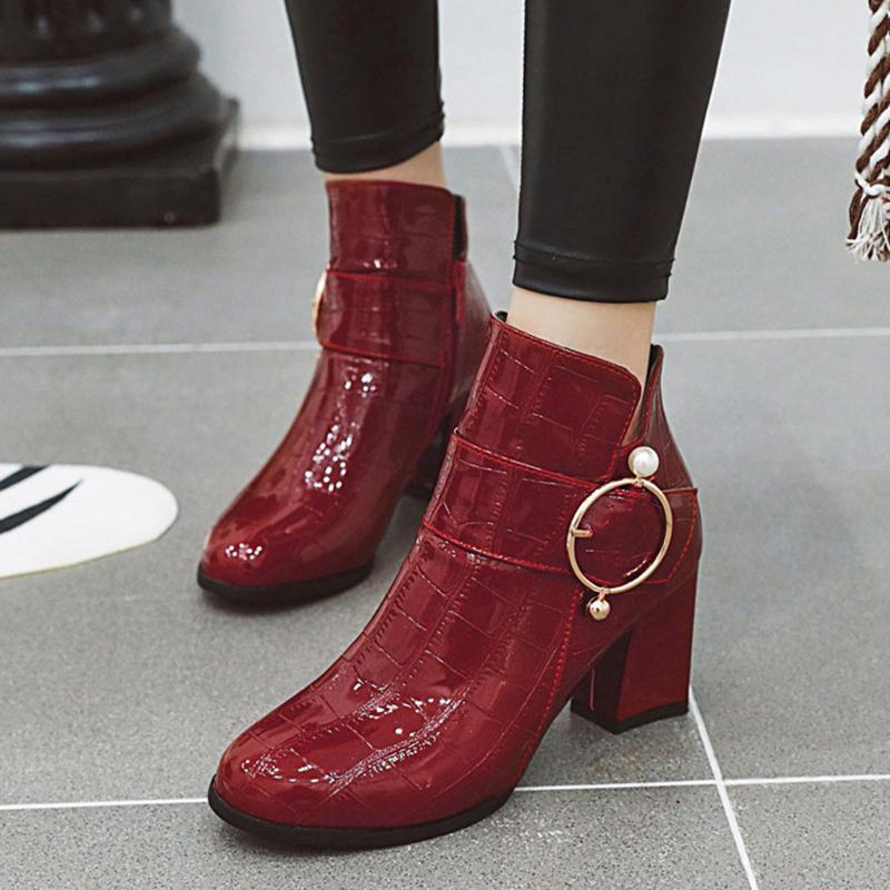 

Crocodile Pattern Metal Decoration Women Mid-Calf Boots Glossy Shoes Snow Bottes Femme Zipper Shoes Square Botas Mujer Invierno, Rd