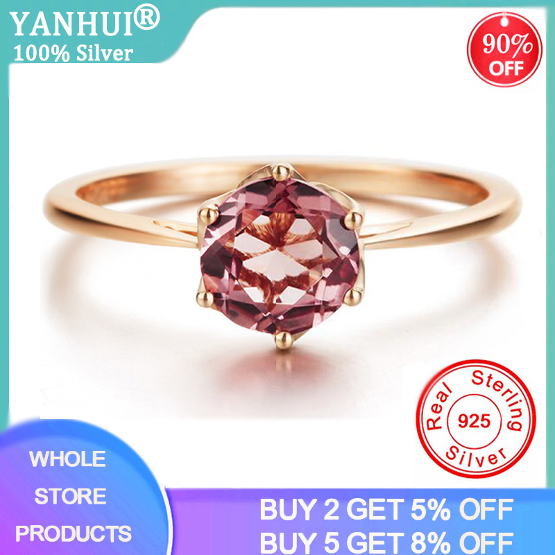 

YANHUI Real 925 Sterling Silver Ring Red Topaz Rings For Women Zircon Gemstone Engagement Rings Silver 925 Jewelry Anillos Mujer