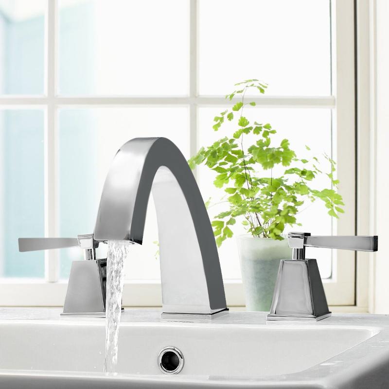 

Chrome Double Handle Two Holes Bathroom Faucet Modern Vessel Sink Mixer Tap Hot and Cold Decked Mounted 3pcs Separating
