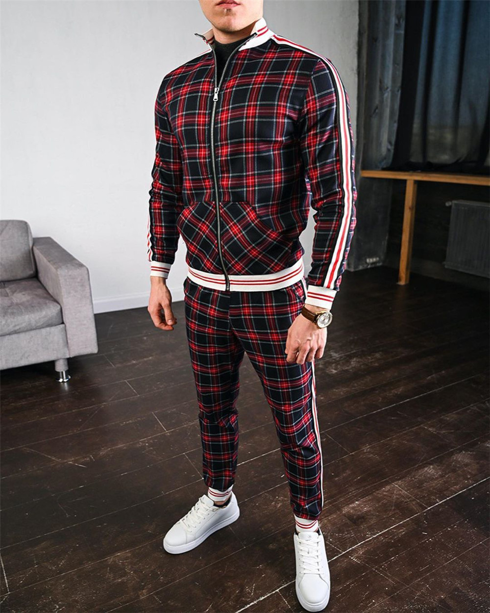 2021 Mens Tracksuit Spring Autumn Fashion Plaid Tracksuit Casual Two