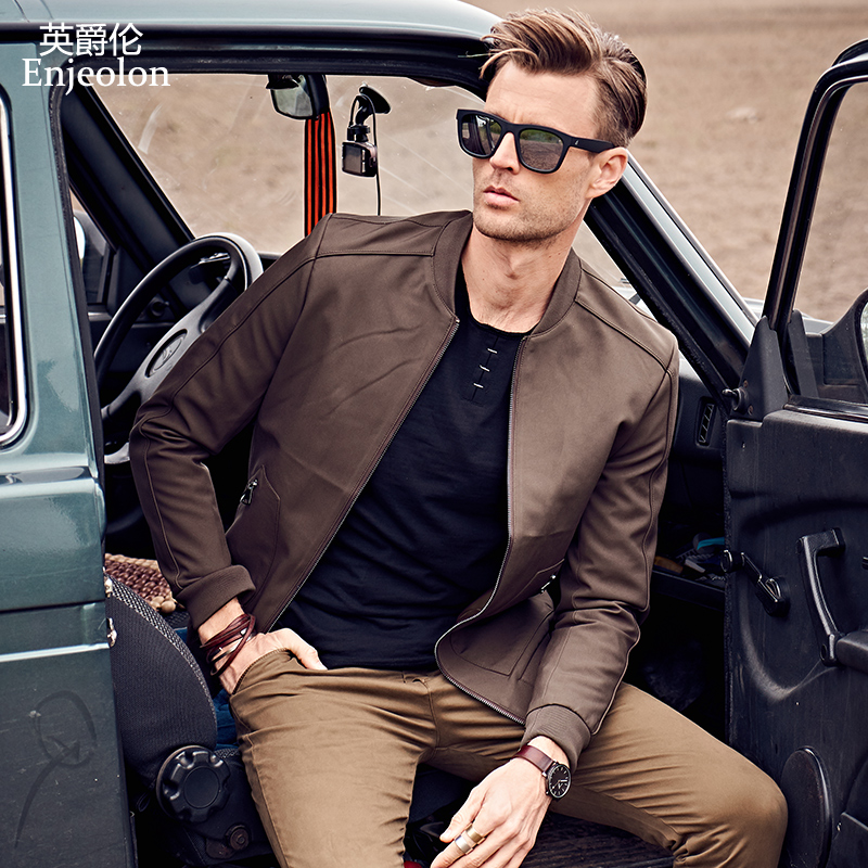 

Enjeolon brand 2020 winter Bomber casual jackets men,solid windbreaker Mens coats plus size S-3XL, stand collar Jacket JK0460, Brown