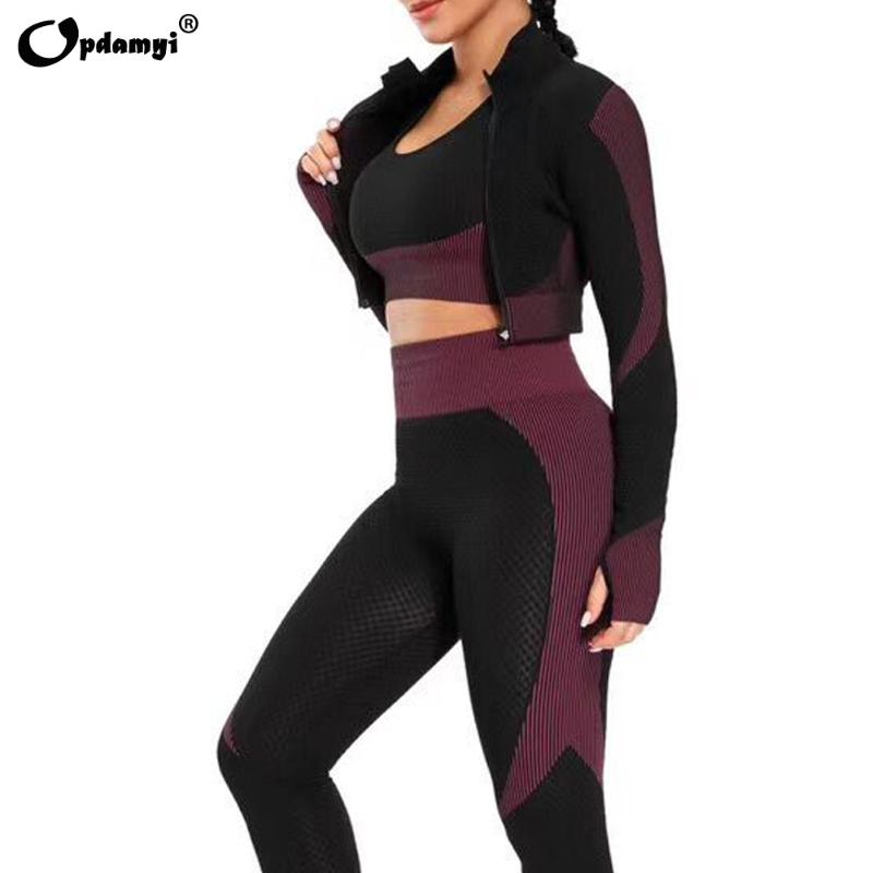 

2/3Piece Women Yoga Set Gym Clothing Sport Fitness Running Long sleeve Crop top High Waist Leggings Female Seamless Bra Suits, Pink bra 2pcs