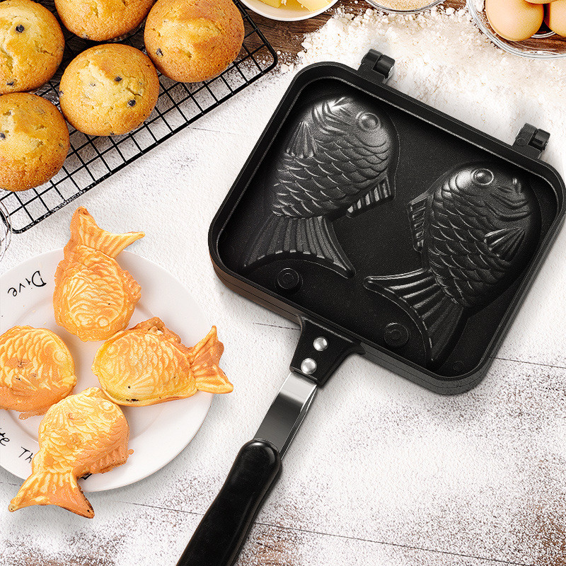 

2 Molds Non-Stick Taiyaki Pan Japanese Fish shaped Bakeware Waffle Pan Maker 2 Cast Home Cake Bakeware Tool