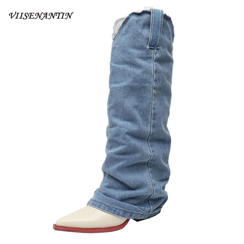 

Genuine Leather Pointed Thick Heel Slip-on Western Cowboy Boots Women Retro New Style Personality Tube Knee-length Boots Women, Beige