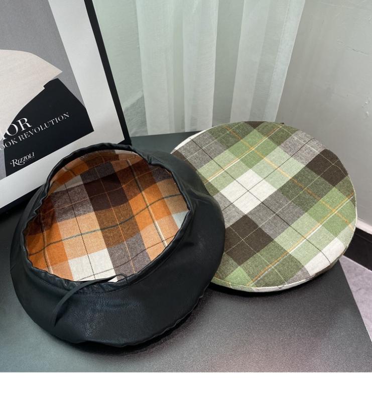 

202009-SHI autumn plaid school style BOTH CAN WEAR PU FASHION lady beret hat men women Leisure painter hat, Black